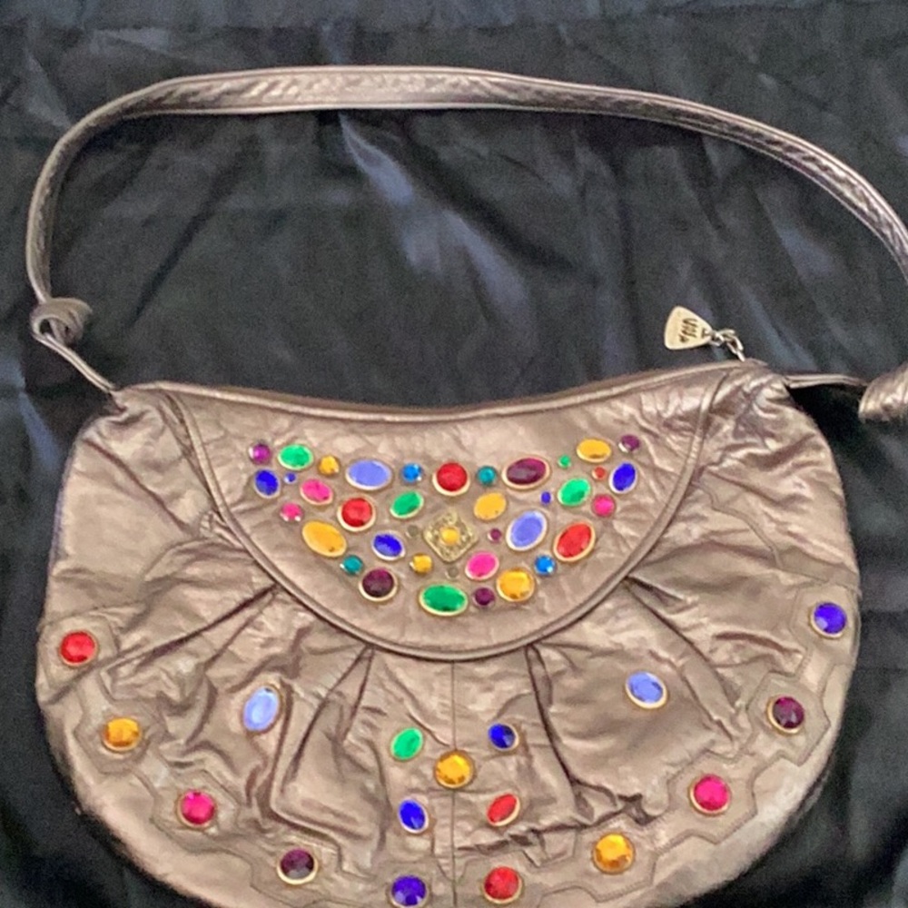 Metallic Brown Shoulder Bag with Multicolor Gem Accents
